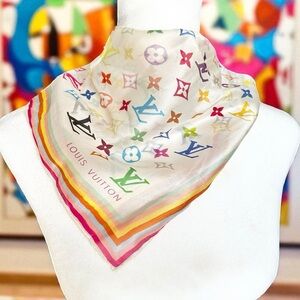 Louis Vuitton Silk Murakami Multicolor & White Square Scarf